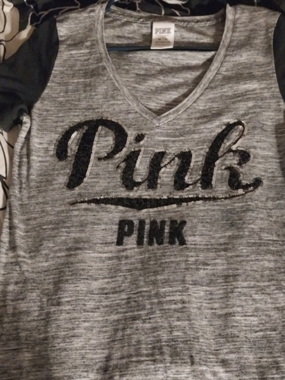 PINK Victoria's Secret Gray Heather V-Neck Tee with Black Logo